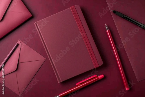 Burgundy background showcasing a pastel maroon notebook with deep red office supplies in a flat lay. Back to school concept. 