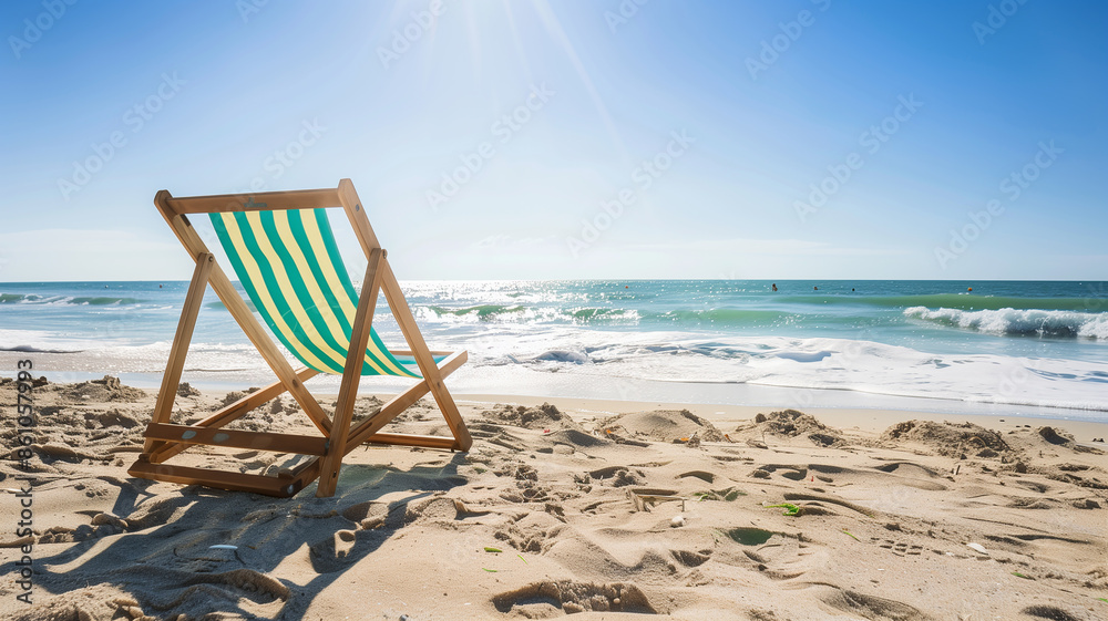 Wooden folding chair on the sand near the sea, creating a summer vacation or holiday scene. Wooden folding chair on the sand near the sea, creating a summer vacation or holiday scene.