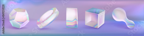 Abstract geometric glass figure with hologram effect. Realistic 3d vector set of design elements of different shape with iridescent gradient color light. Minimal objects with prism reflection.