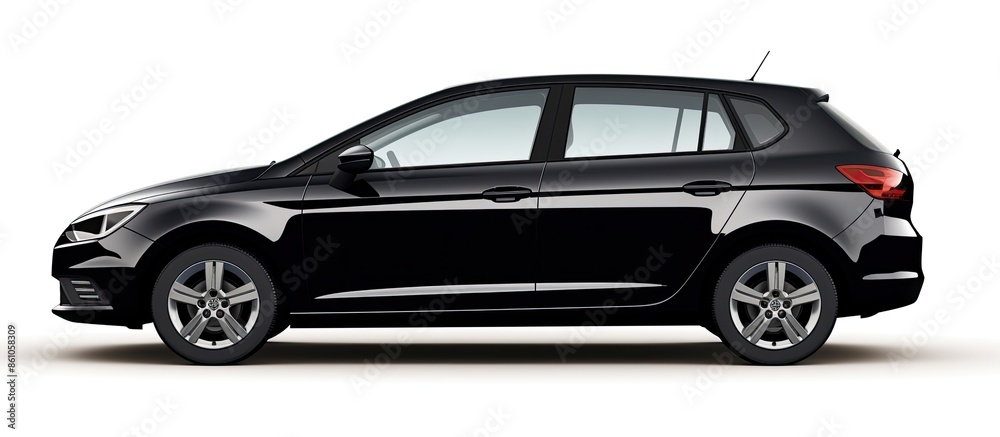 Isolated on a white background, a black hatchback car is seen from the side, providing a clear copy space image. Isolated on a white background, a black hatchback car is seen from the side, providing a clear copy space image.