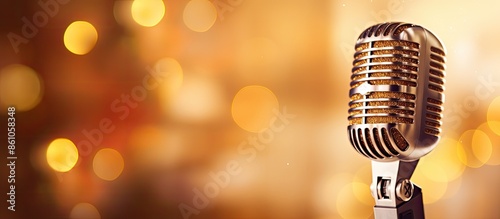Close-up shot of a stunning golden microphone against a softly blurred background with bokeh effect, perfect for a copy space image.