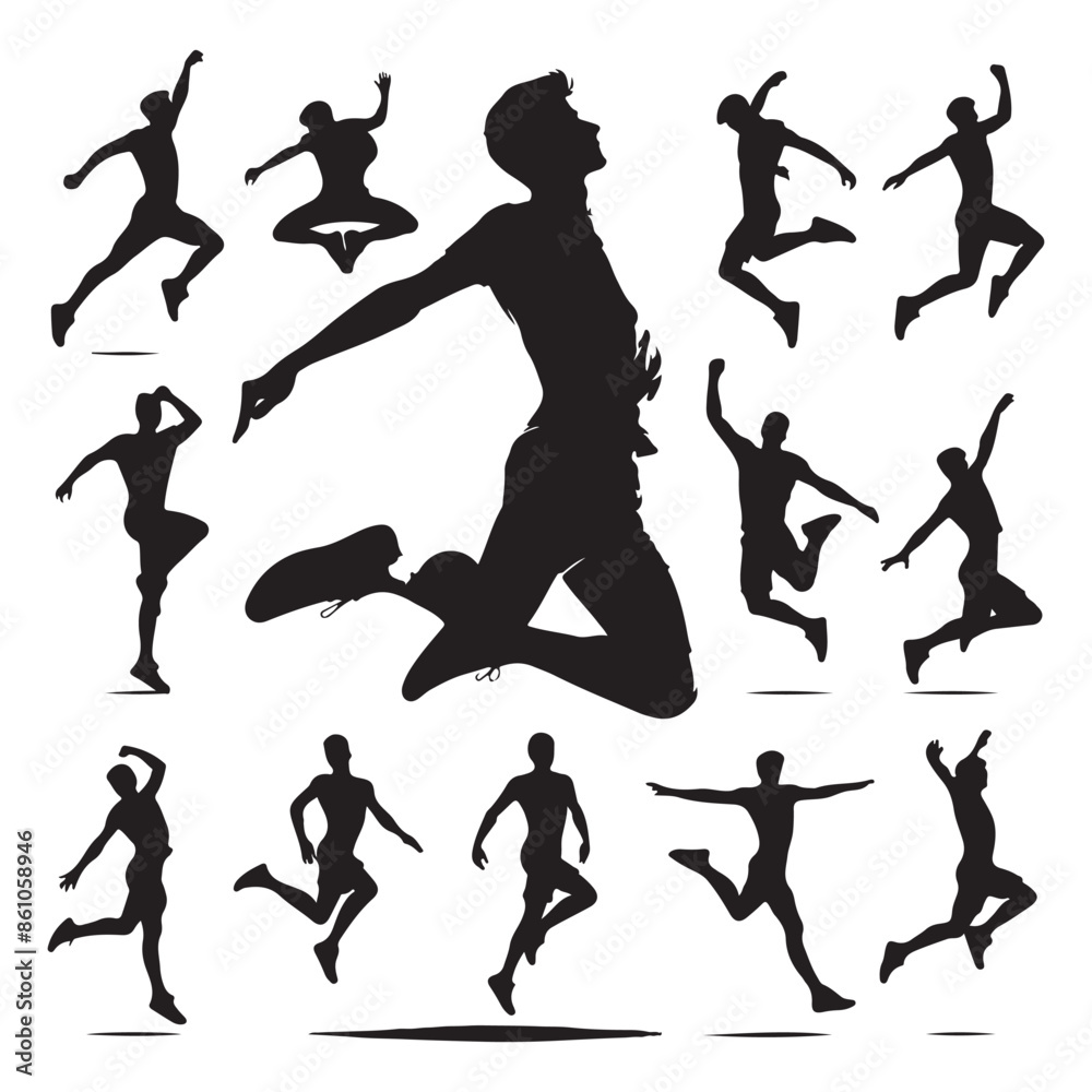 Silhouette set of a person jumping