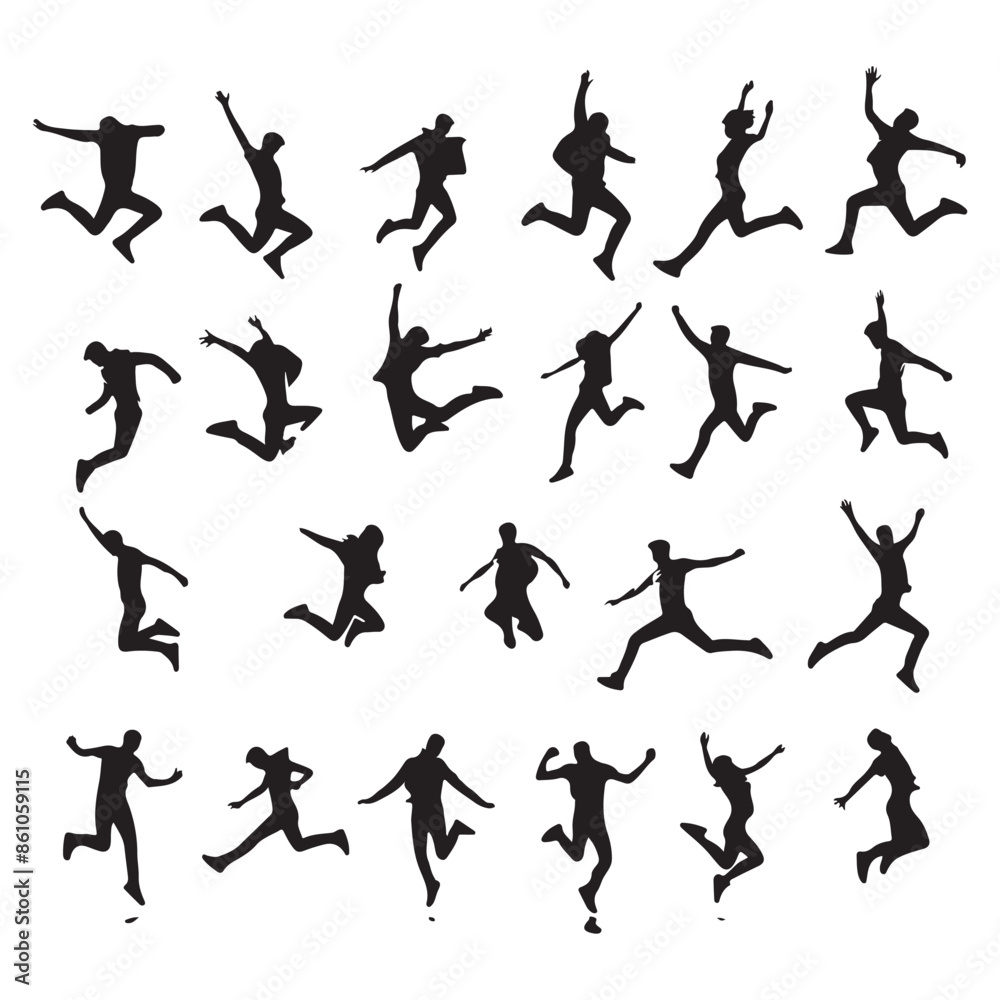 Silhouette set of a person jumping