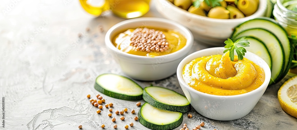 Home made mustard with courgette and mustard seed with white interior background pastel background. with copy space image. Place for adding text or design Home made mustard with courgette and mustard seed with white interior background pastel background. with copy space image. Place for adding text or design