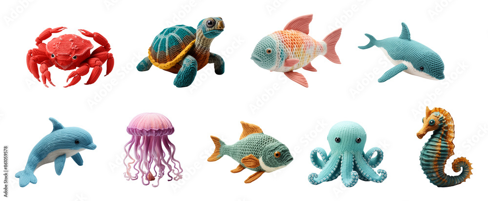 Set of knitted sea/ marine creatures: crab, turtle, fish, whale, dolphin, octopus, sea horse, jellyfish. Eco-friendly handcrafted soft toys. Set of knitted sea/ marine creatures: crab, turtle, fish, whale, dolphin, octopus, sea horse, jellyfish. Eco-friendly handcrafted soft toys.