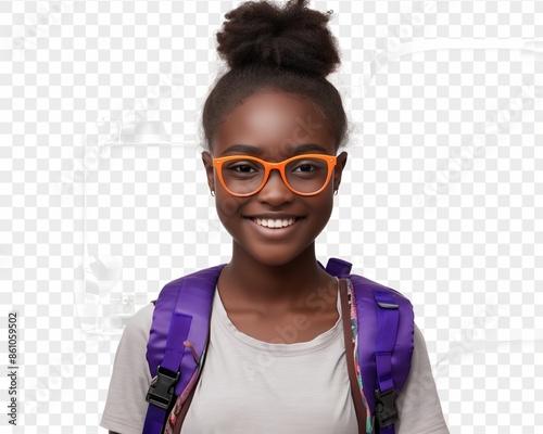 Smiling African American girl with orange glasses and a purple backpack, ideal for youthful ads. Back to school concept. 