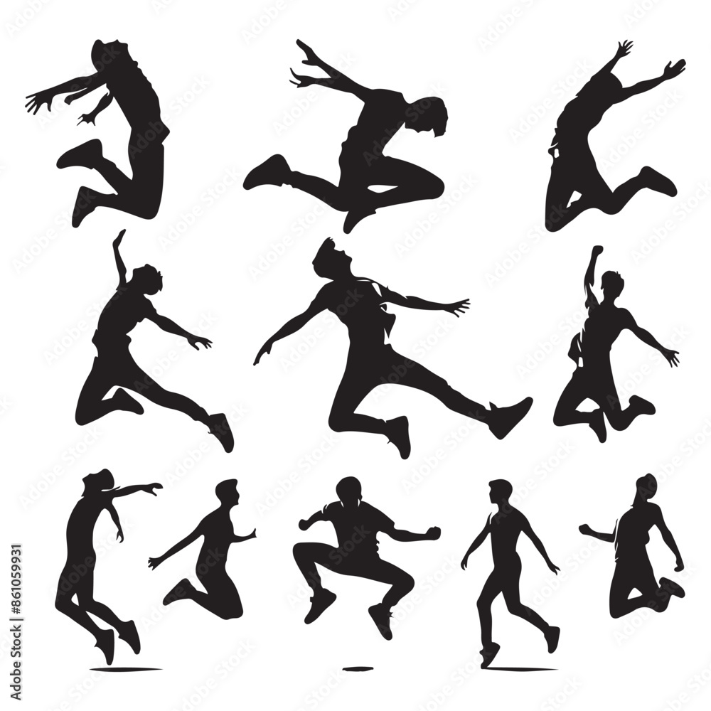 Silhouette set of a person jumping Silhouette set of a person jumping