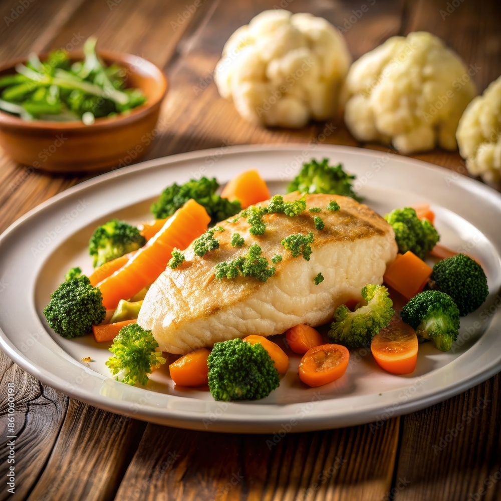 Juicy grilled chicken breast paired with a mix of steamed vegetables such as broccoli, carrots, and cherry tomatoes. Perfect for a healthy DASH diet meal. Juicy grilled chicken breast paired with a mix of steamed vegetables such as broccoli, carrots, and cherry tomatoes. Perfect for a healthy DASH diet meal.