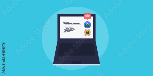 AI chatbot assistant for web development programming, real time code analysis, prototype and bug fixing with artificial intelligence technology, vector illustration.
