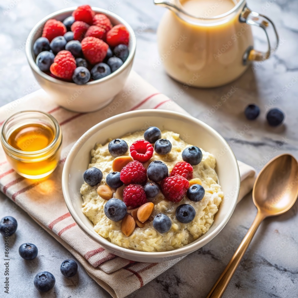 A bowl of creamy oatmeal topped with fresh raspberries, blueberries, and almonds. Accompanied by honey and a side of mixed berries, DASH diet. A bowl of creamy oatmeal topped with fresh raspberries, blueberries, and almonds. Accompanied by honey and a side of mixed berries, DASH diet.