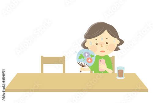 暑さで熱中症になりそうなおばあちゃんのベクターイラスト