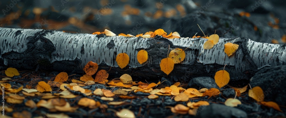 Obraz premium A Minimalistic Scene Of A Felled Birch Tree With Scattered Golden Leaves On Natural Ground