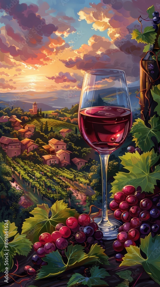 Fototapeta premium Elegant vector depiction of a glass of red wine with a vineyard background.