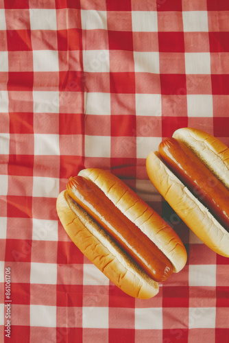 a hot dog on plaid tablecloth against solid background, for national hotdog day poster background, colorful and delicious