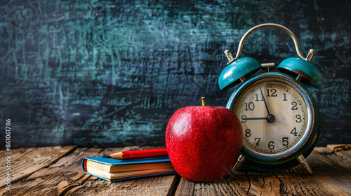 Alarm clock, school supplies and fresh red apple against a blackboard background, representing the back to school or education concept