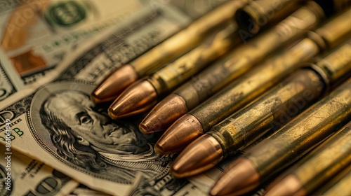 Bullets in cartridges arranged in a bandolier alongside dollar bills, captured in close-up with selective focus. Conceptualizing weapon sales under lend-lease, aid with arms photo