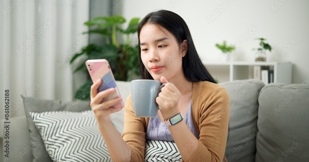 Portrait of Young asian woman relaxing on the sofa drinking coffee or tea while use mobile phone in the living room. Coffee in the morning, Daily routine Portrait of Young asian woman relaxing on the sofa drinking coffee or tea while use mobile phone in the living room. Coffee in the morning, Daily routine