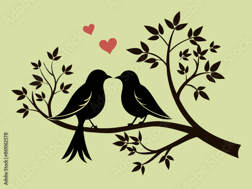 Birds Couple Silhouette on Branch Vector, Birds in love Silhouette, Wall Decals, Couple of Birds in Love, Art Decoration, Wall Decor, Birds Silhouette on branch isolated on white background, romantic