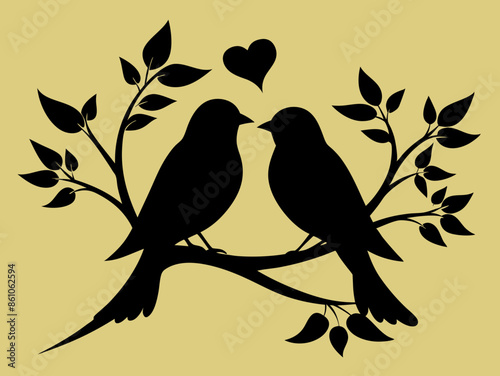 Birds Couple Silhouette on Branch Vector, Birds in love Silhouette, Wall Decals, Couple of Birds in Love, Art Decoration, Wall Decor, Birds Silhouette on branch isolated on white background, romantic