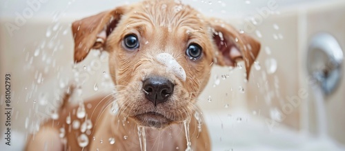 The puppy is taking a showe...