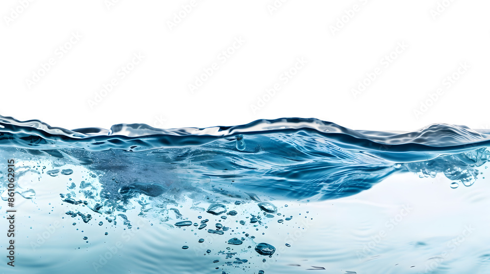 Wide web banner design of abstract blue water surface splitted by waterline to underwater and sky parts isolated on white background with foam on surface : Generative AI Wide web banner design of abstract blue water surface splitted by waterline to underwater and sky parts isolated on white background with foam on surface : Generative AI
