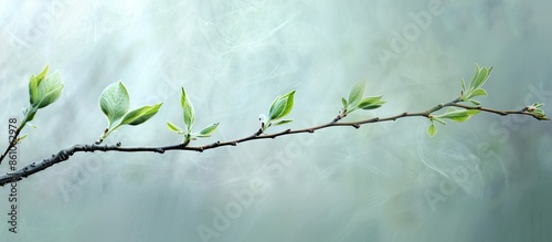 New spring leveas on twig as new life pastel background. with copy space image. Place for adding text or design