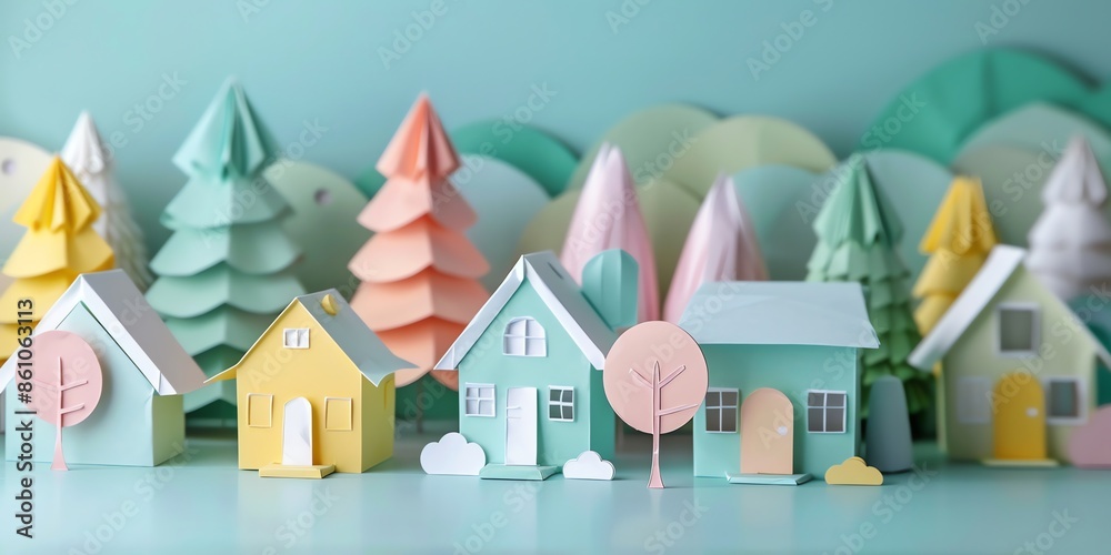 paper origami mini town tree,architecture, scandinavian, landscape, light, mini city, mini cute forest, green land, 2:1 paper origami mini town tree,architecture, scandinavian, landscape, light, mini city, mini cute forest, green land, 2:1