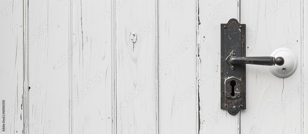 Steel door handle and lock on white wooden door. with copy space image. Place for adding text or design Steel door handle and lock on white wooden door. with copy space image. Place for adding text or design