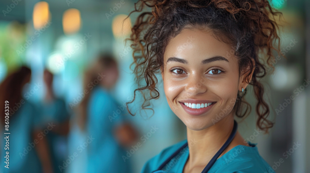 A nurse engages in cheerful conversation with peers at the hospital, showcasing the positive spirit and teamwork in healthcare. A nurse engages in cheerful conversation with peers at the hospital, showcasing the positive spirit and teamwork in healthcare.