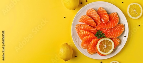 Sliced salmon pieces served...
