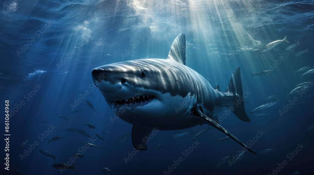 Naklejka premium A great white shark swims through a clear blue ocean, sunlight filtering through the water.