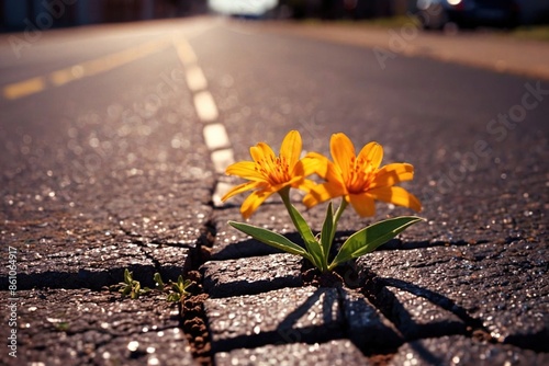 flower growing from crack in the asphalt, hope for life and nature to triumph photo