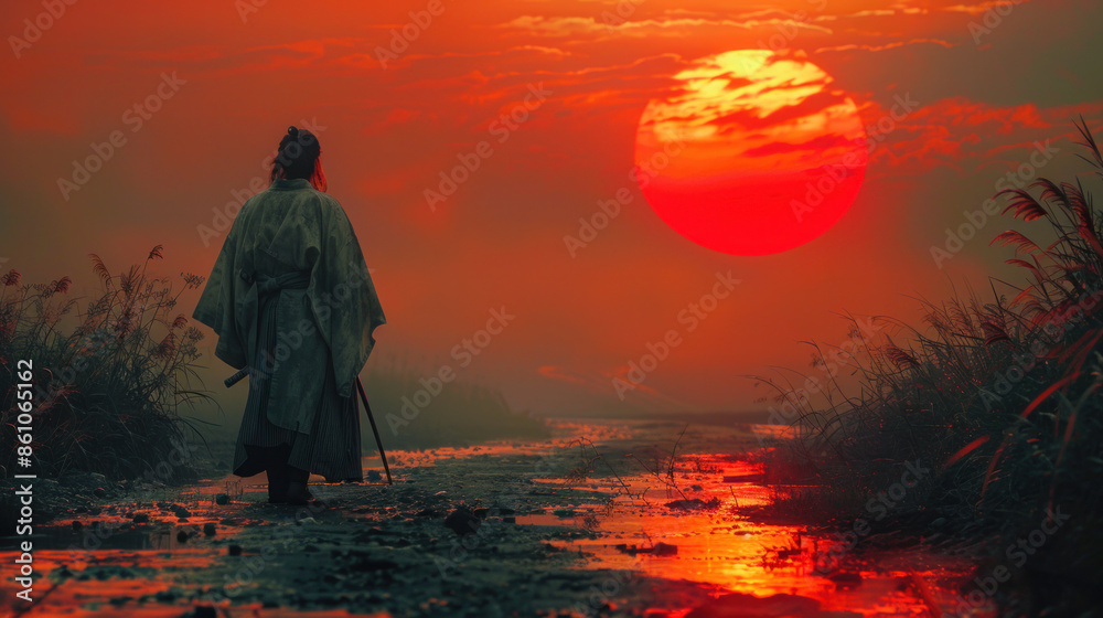 Fototapeta premium A samurai in the backdrop of the sunset, his katana gleaming with the last rays of daylight.