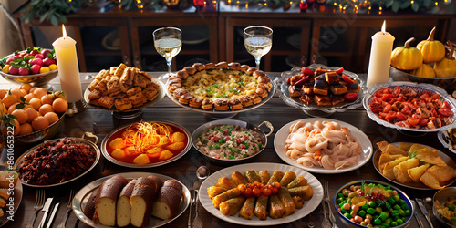 Thanksgiving meal cheer of delicious vine and chicken, table with a lots of good food. 