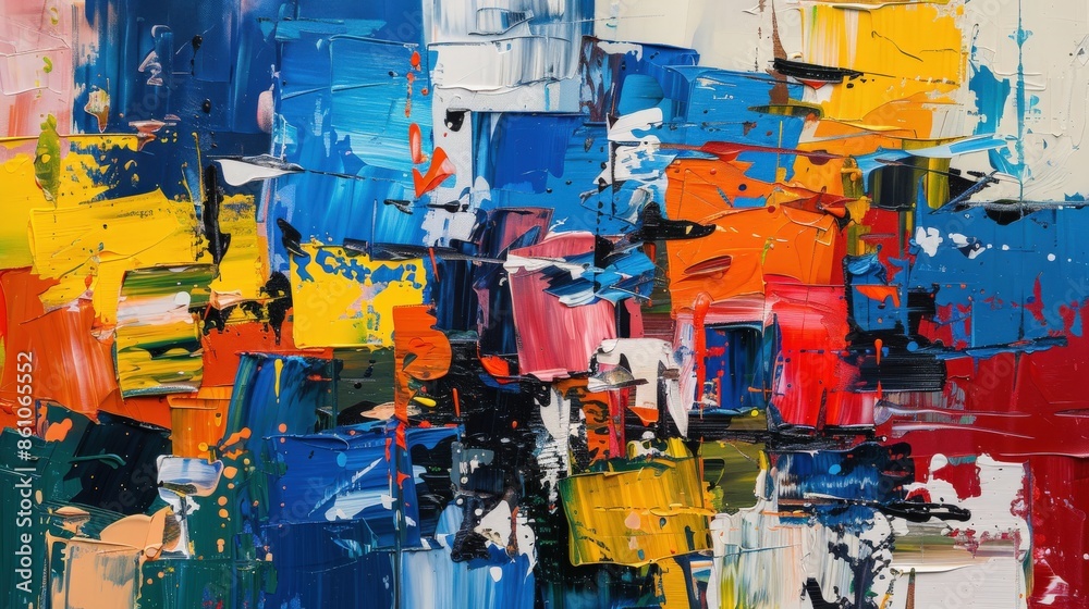 Fototapeta premium A colorful painting with splatters of paint that appears to be a mix of different colors. The painting has a chaotic and abstract feel to it, with no clear subject or focal point