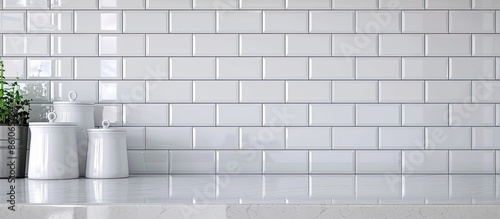 White kitchen with subway tiles. with copy space image. Place for adding text or design