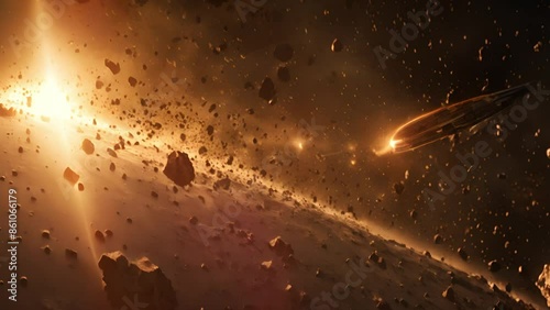 Spaceship weaves through asteroid belt by star