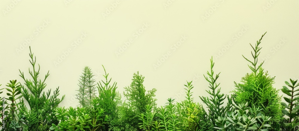 Fototapeta premium Seedlings cypress and thuja plants Isolated on pastel background. Free space for text. with copy space image. Place for adding text or design