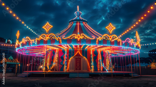 Colorful circus tent illuminated in festive lights during Brazilian carnival. Concept Brazilian Carnival, Circus Tent, Festive Lights, Colorful Decorations, Nighttime Celebration