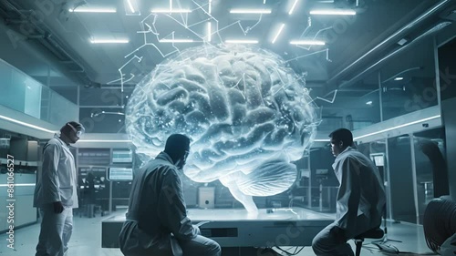 A futuristic lab observes a massive brain with digital overlays