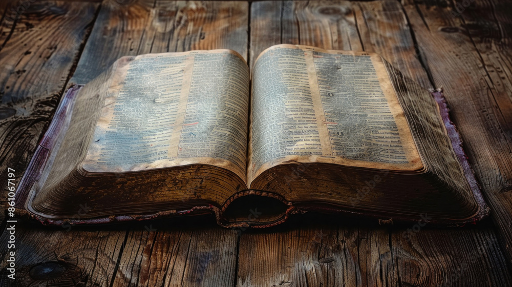 Obraz premium A holy bible lies open on a brown wooden surface, providing ample copy space for text.