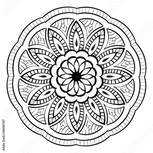 Circular pattern black and white floral ornamental mandala outline for coloring bok pages