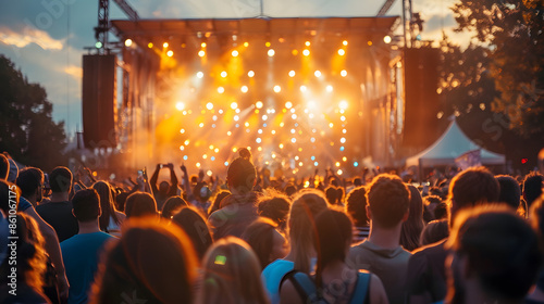 Crowded outdoor music festival main stage at dusk with a shallow depth of field. Concept Outdoor Music Festival, Main Stage, Dusk, Crowded, Shallow Depth of Field photo