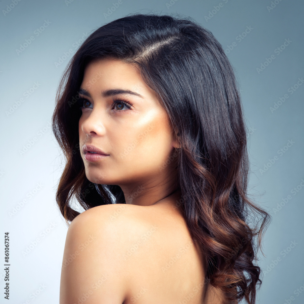 Obraz premium Hair, thinking and woman in studio with calm reflection, cosmetics or balayage ideas on grey background. Beauty, questions and model with diy highlights, tips or self care treatment, results or glow