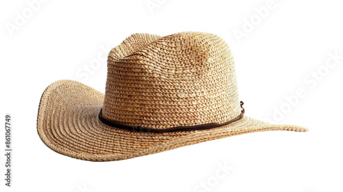 A straw hat with a brown band. Isolated on transparent background.