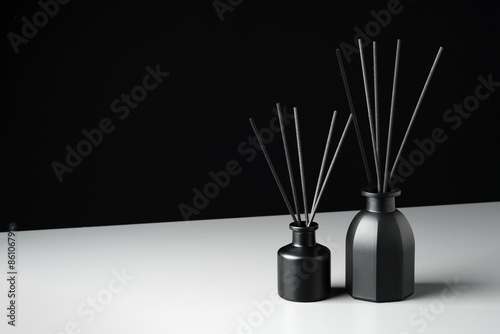 Two Black Reed Diffuser Bottles on a White Surface With Grey Background