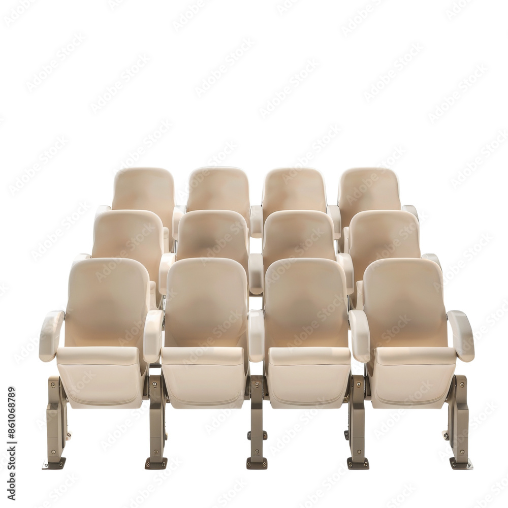 Fototapeta premium A row of white chairs are lined up in a row. Isolated on transparent background.