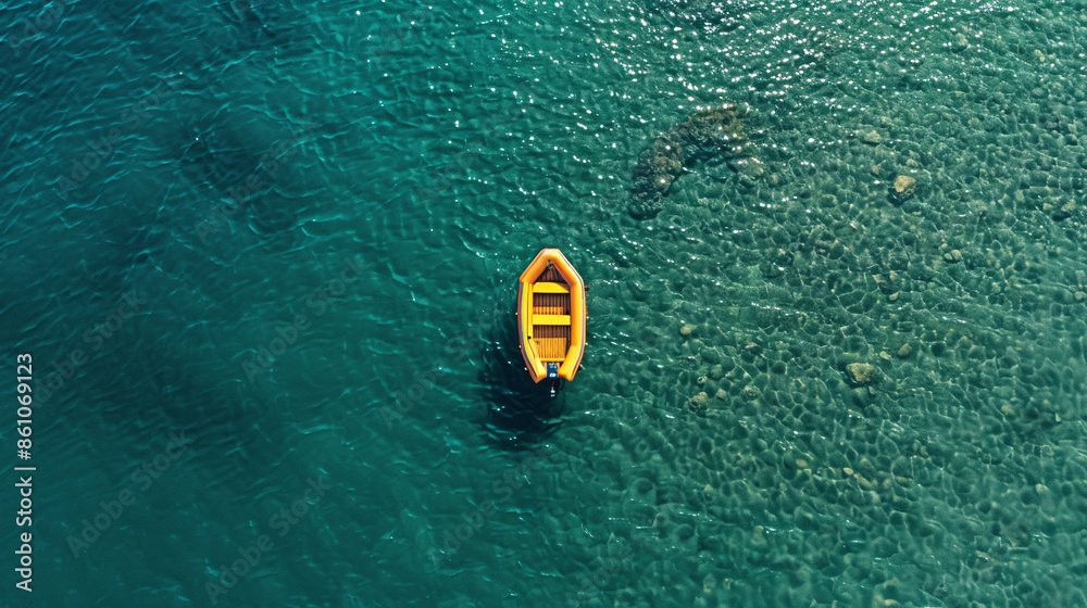 Naklejka premium yellow roweing boat on the water seen from drone foto as top view 