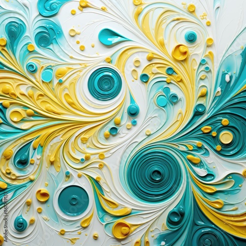 Abstract Fluid Art with Teal, Yellow, and White Swirls