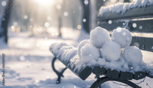 A lone bench sits in a snowy park, covered in snowballs photo